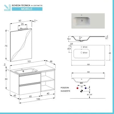 Mobile bagno sospeso 100 cm grigio cemento con cassetti e vani a giorno completo di lavabo a sinistra e specchio Master