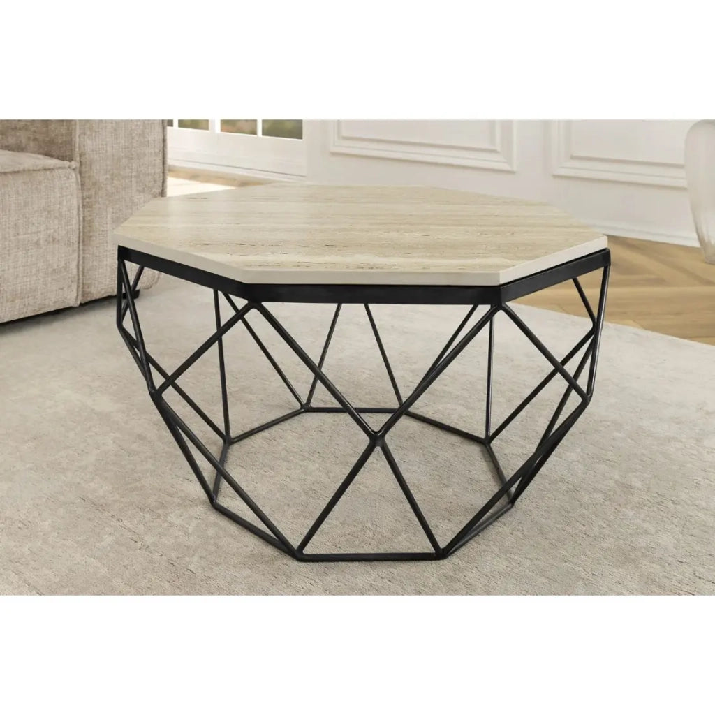 Tavolino basso NEXORA 70 cm in travertino beige e metallo nero design geometrico