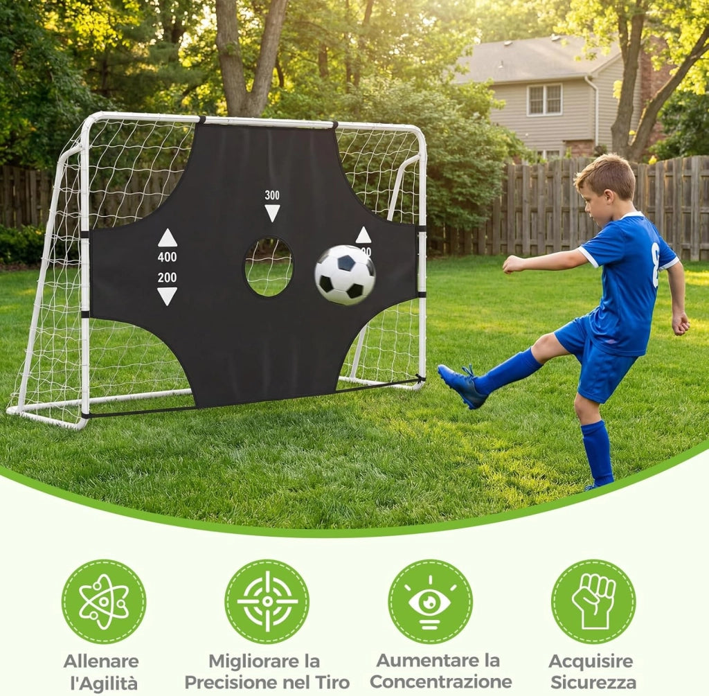 Porta da Calcio 2 in 1, Porta da Calcio con Parete di Tiro Rimovibile, 5 Fori, Picchetti e Fascette, Set di Rete con Bersaglio, per Bambini e Adulti, 215 x 77 x 152 cm