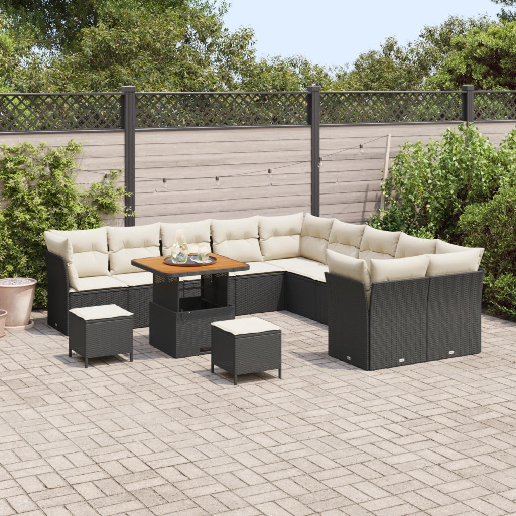 Set Divano da Giardino da 13 Pezzi con Cuscini Nero Rattan Versatile Acacia