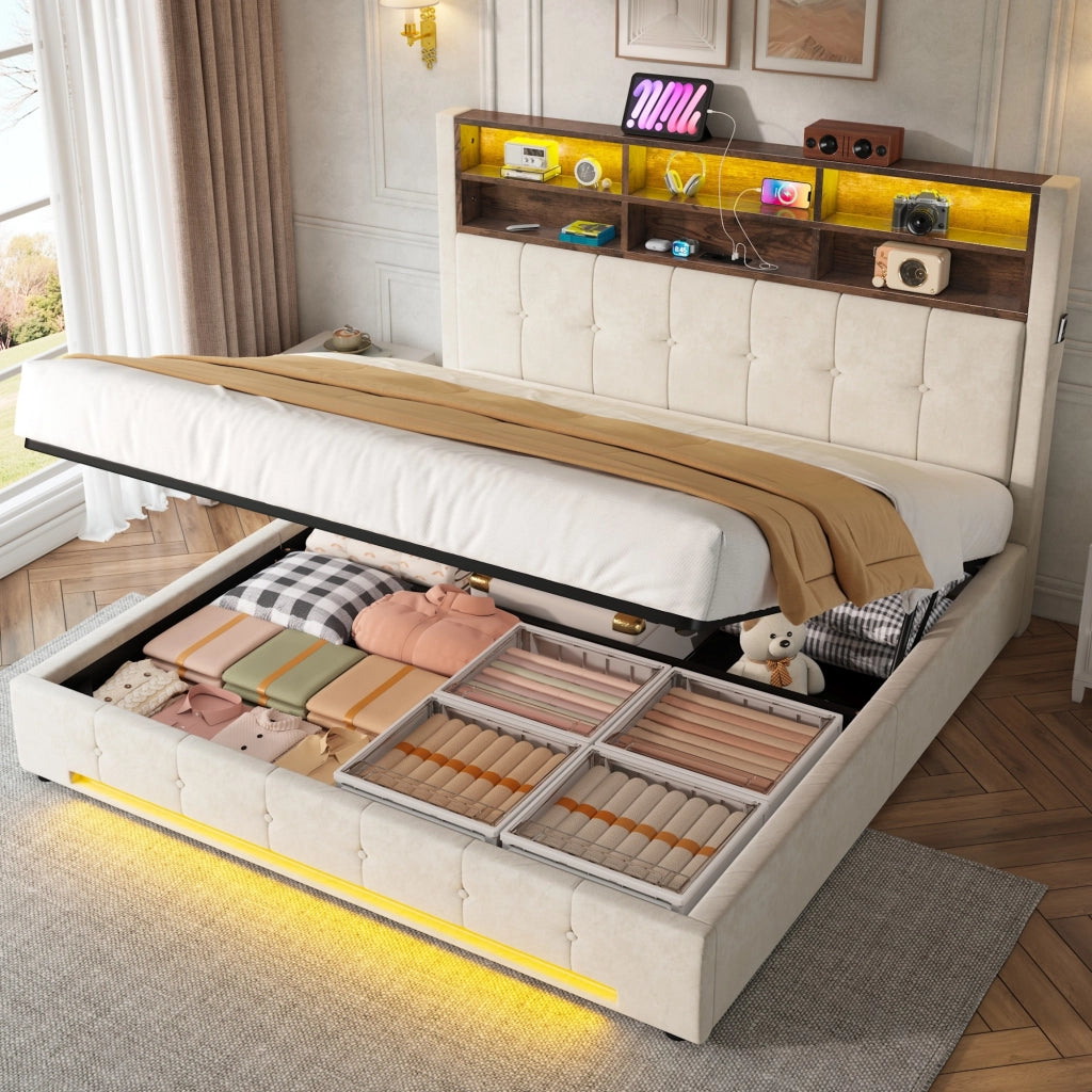 DESMIU Letto Contenitore 180 × 200 cm 2 posti con 6 vani, tasche, USB-C e LED, senza materasso