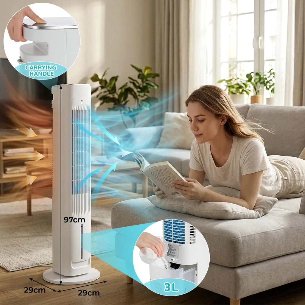 Ventilatore a torre, telecomando, climatizzatore a 3 livelli con raffreddamento ad acqua, oscillazione a 46°, timer 12 ore e modalità sleep, per ufficio/casa, silenzioso, 4 modalità di