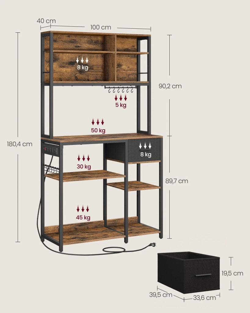 Mensola da cucina con multipresa bar con ripiani regolabili cassetto in tessuto 12 ganci 40 x 100 x 180,4 cm supporto per microonde marrone 12_0005654