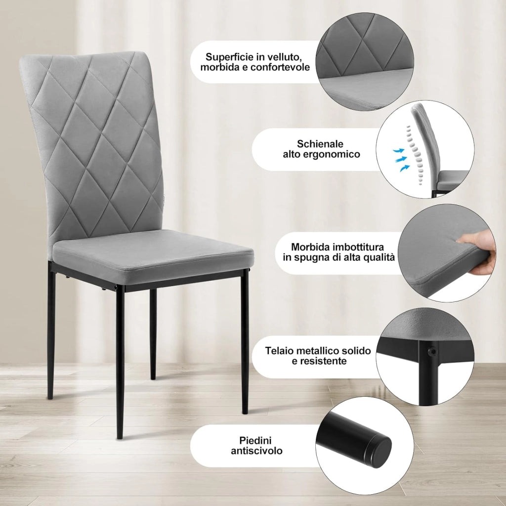 Set di 4 Sedie per Sala da Pranzo, Sedie da Cucina con Schienale Alto, con Gambe in Metallo e Rivestimento in Velluto, Grigio Scuro, BH379dgr-4