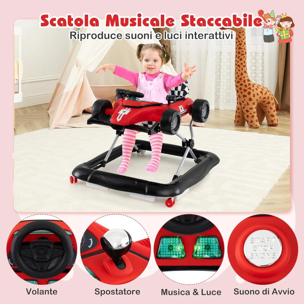 4 in 1 Girello per Bambini, Altezza Regolabile a 3 Livelli, Passeggino per Bambini, con Volante Imbottito e Scatola Musicale, Portata 12 kg, per Bambini 6-18 Mesi (Rosso)