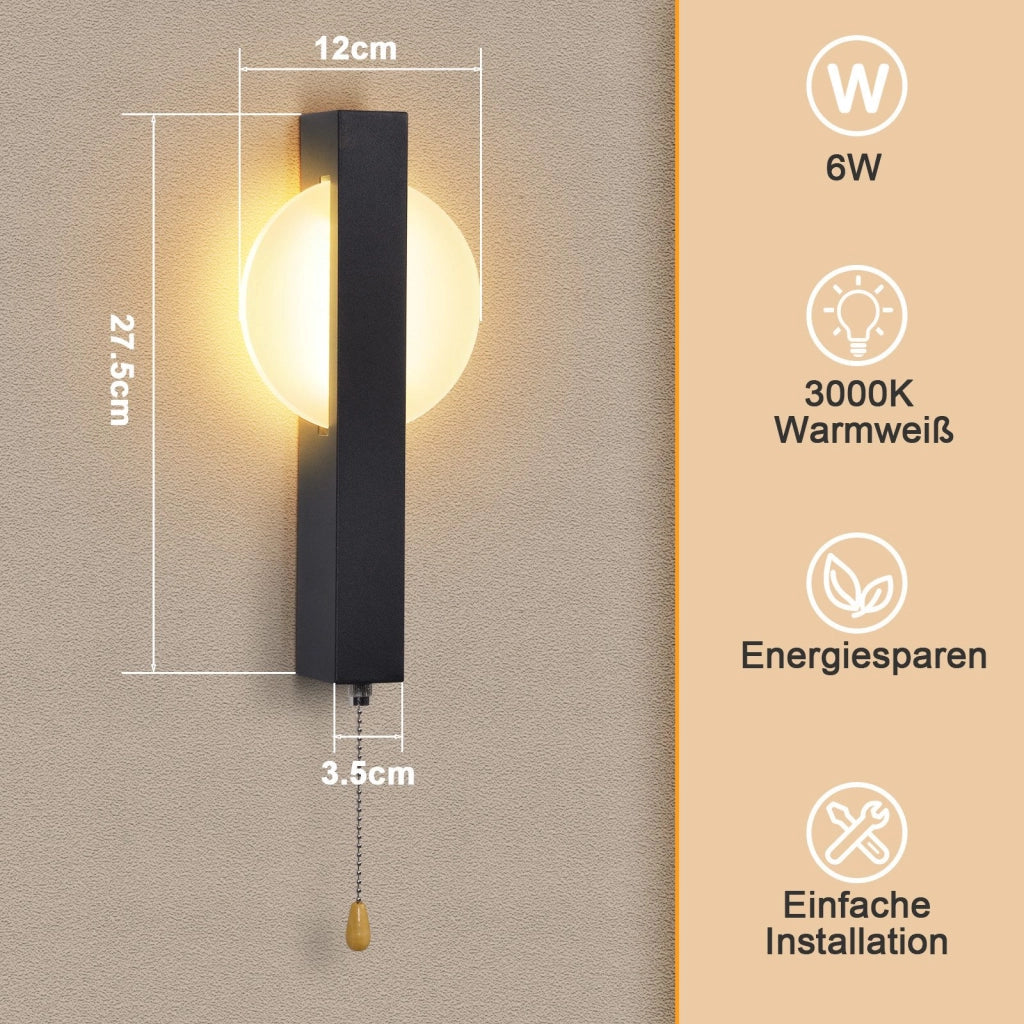 ZMH Applique da parete moderna a LED per interni nera con interruttore a tirante 3000K 6W
