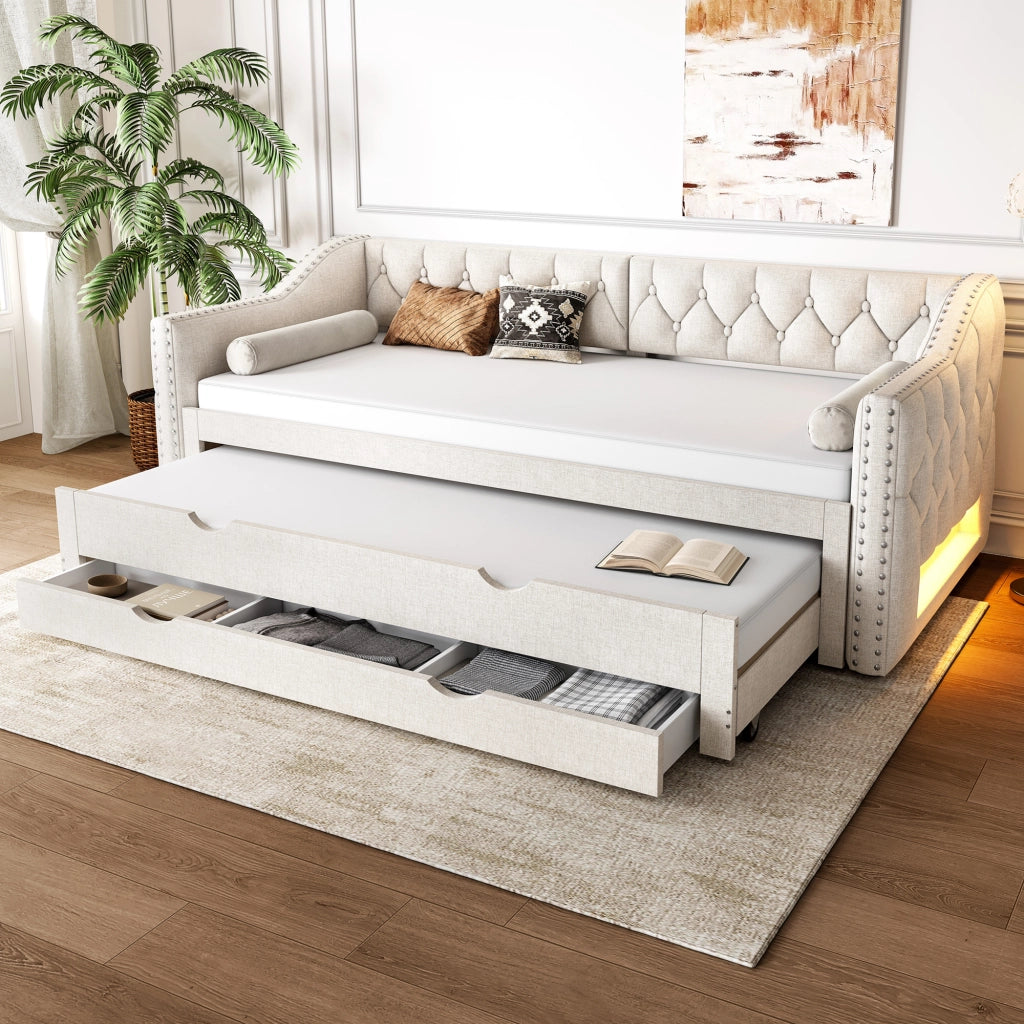tagesbett imbottito lino mdf beige 90 x 200 cm