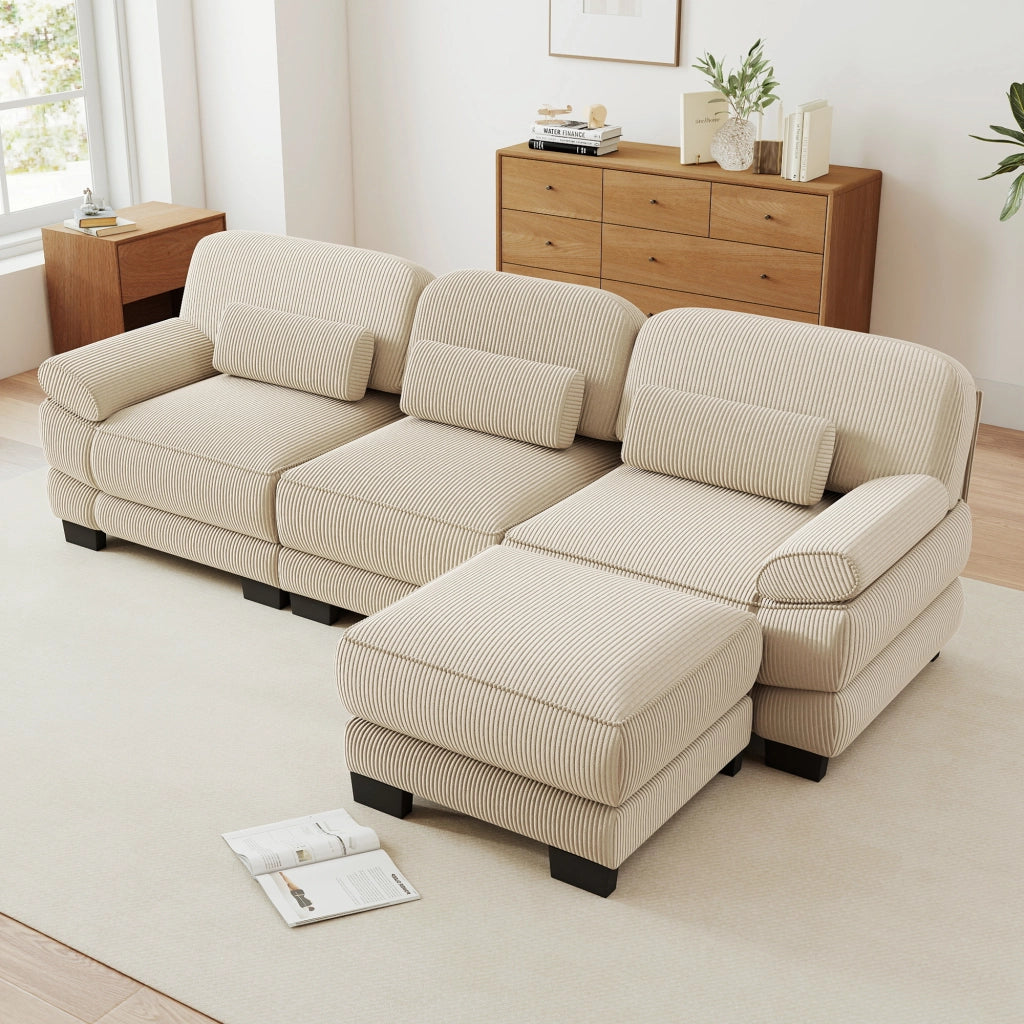 Divano modulare 3 posti a L con pouf e cuscino lombare in velluto a coste beige