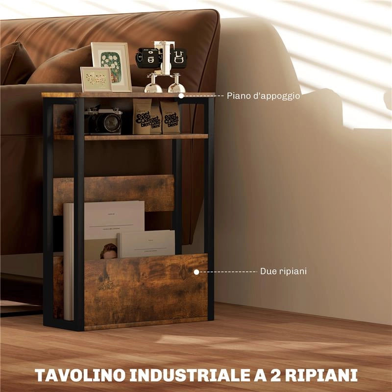 TAVOLINO DA SOGGIORNO IN STILE INDUSTRIALE CON 2 RIPIANI, IN LEGNO E METALLO, 46X18X58.5 CM, MARRONE