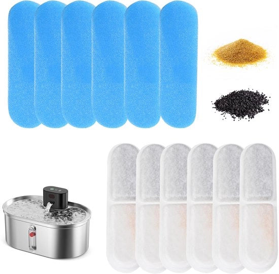 Set di 6 filtri per acqua + 6 set di sponze per pompa per fontana per gatti, filtro per distributore di acqua per animali domestici (blu + bianco)