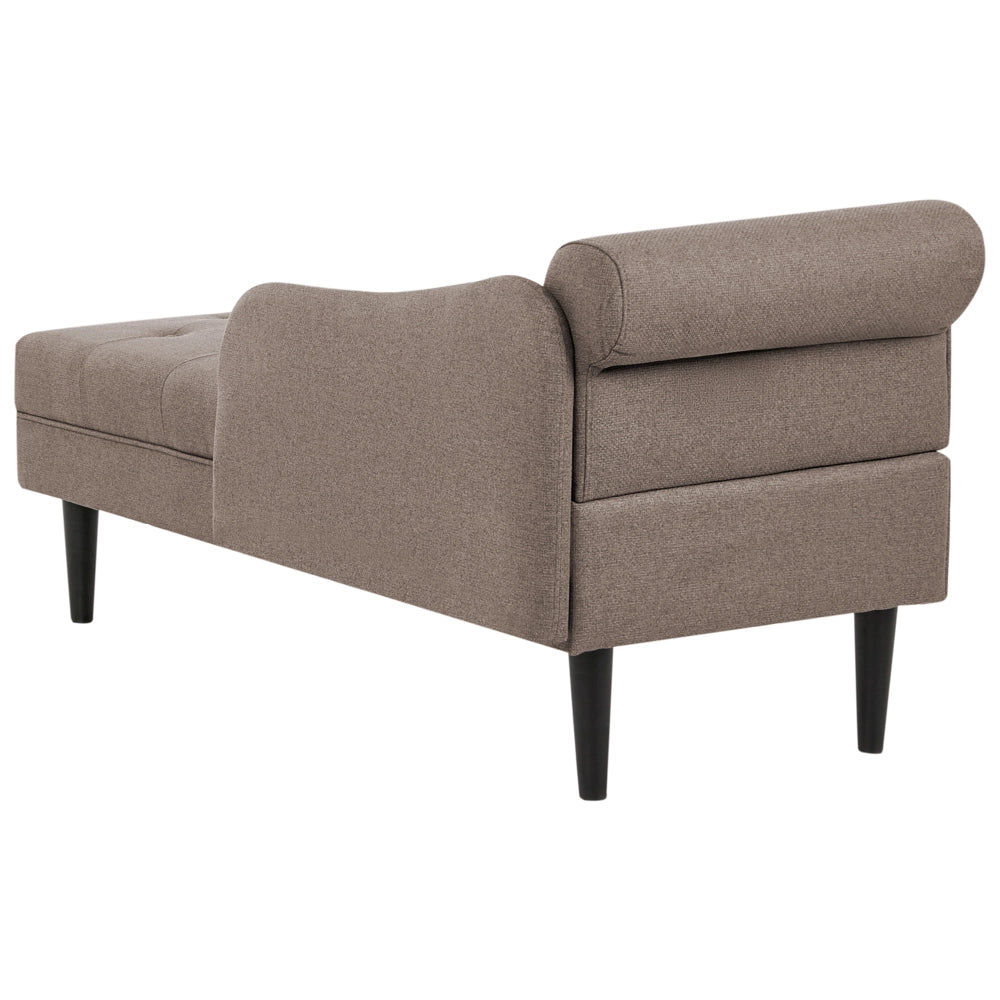 Chaise longue sinistra in tessuto tortora imbottita con cuscino facile da pulire, gambe in legno, soggiorno moderno