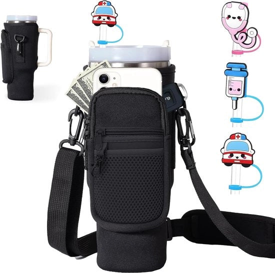 tas da porta per bottiglie d'acqua, 40oz tas da porta per bottiglie d'acqua, tas con taschino, cinturino regolabile, sacchetto in paglia, accessori per bicchiere, per campeggio, escursioni, bicicletta