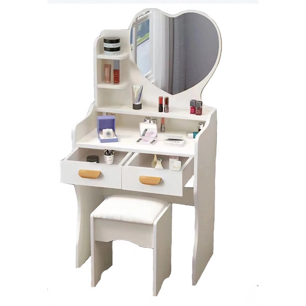 Trade Shop - Postazione Trucco Tavolo Make Up Specchiera Toeletta Con Specchio A Cuore Sgabello Bianco -