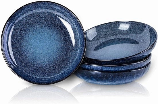 Set di Servizio Pasta e Insalata 40oz in Ceramica | Piatto Profondo e Ampio | Piatti da Cenone in Porcellana | Ciotola di Zuppa Blu | Resistenti al Lavastoviglie a Microonde | 25 Pollici Piatto Pianeggiante e Basso Design