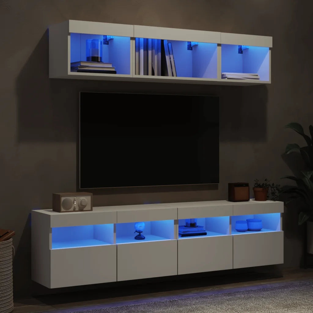 Mobili TV a Muro con LED 5pz Bianchi in Legno Multistratocod mxl 134269