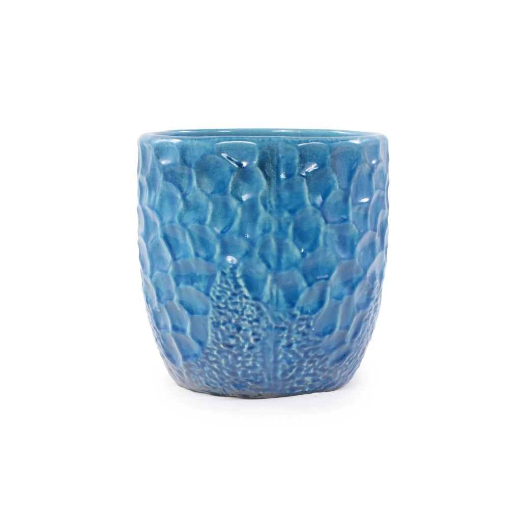 Set di 4 vasi in ceramica blu smaltata con rilievo martellato, per interno e esterno riparato