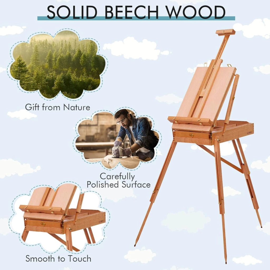 Cavalletto Pittura, Pieghevole, Altezza Regolabile, con Tavolozza e Cassetto, in Legno di Faggio, Cavalletto per Display, 71x114x183 cm