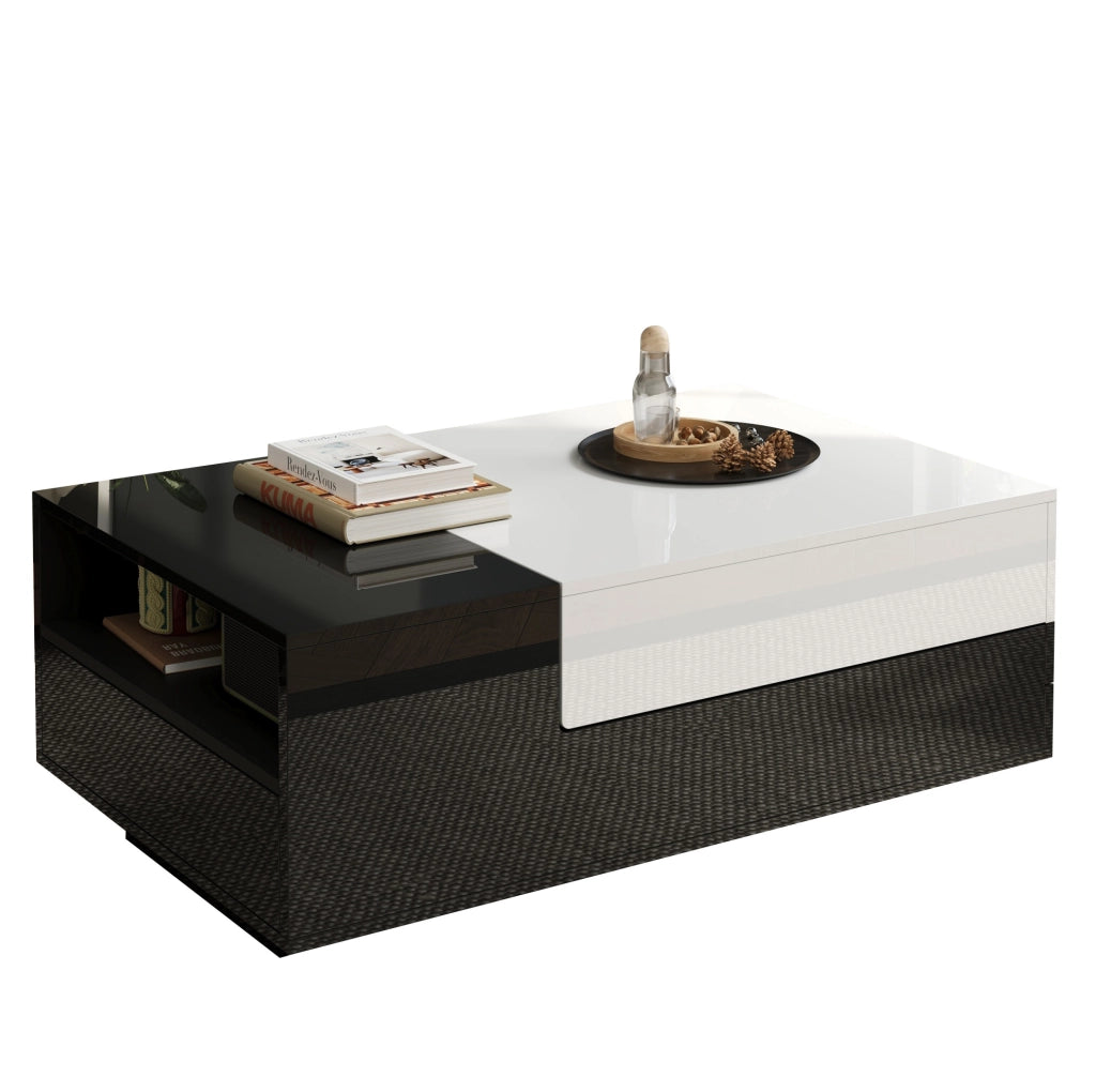 Tavolino da caffè 100x50x38 cm con 2 cassetti e vano laterale; in truciolato; bianco e nero