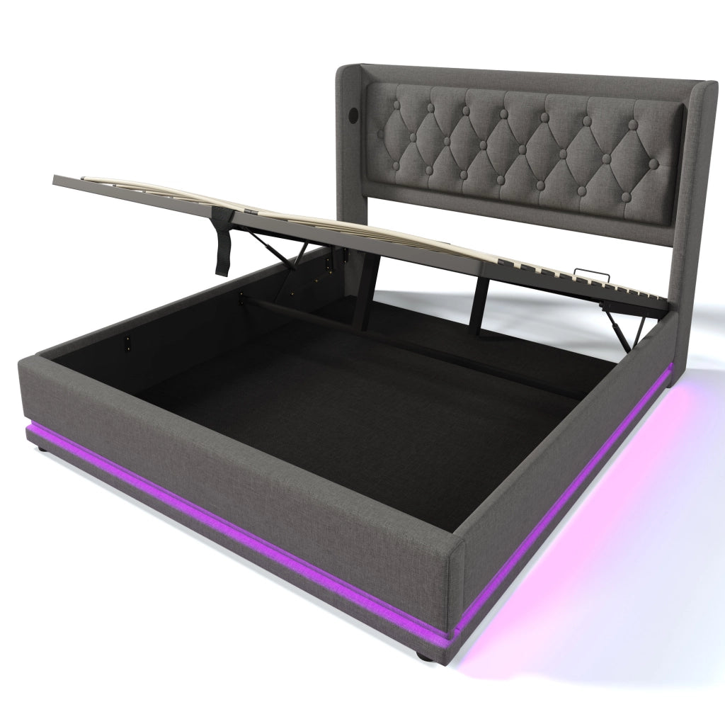 Letto contenitore ULEVR 180x200 cm grigio in cotone con LED 3 lati, USB e Type-C