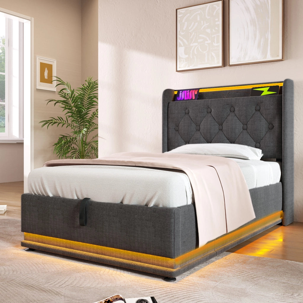 Letto imbottito singolo 90x200 cm con LED; USB Type-C e contenitore; tessuto lino grigio