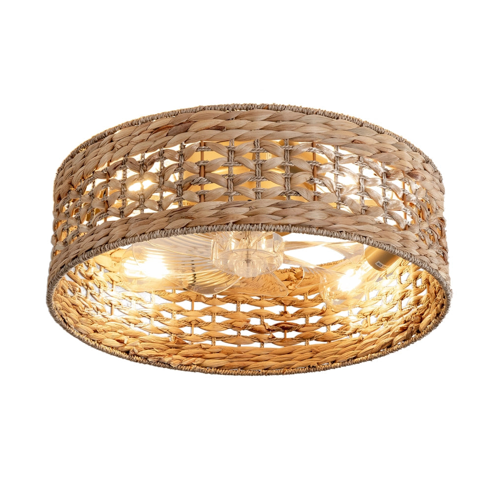 Ventilatore da soffitto con luce in stile rattan; controllo tramite app e telecomando; 6 velocità; rame