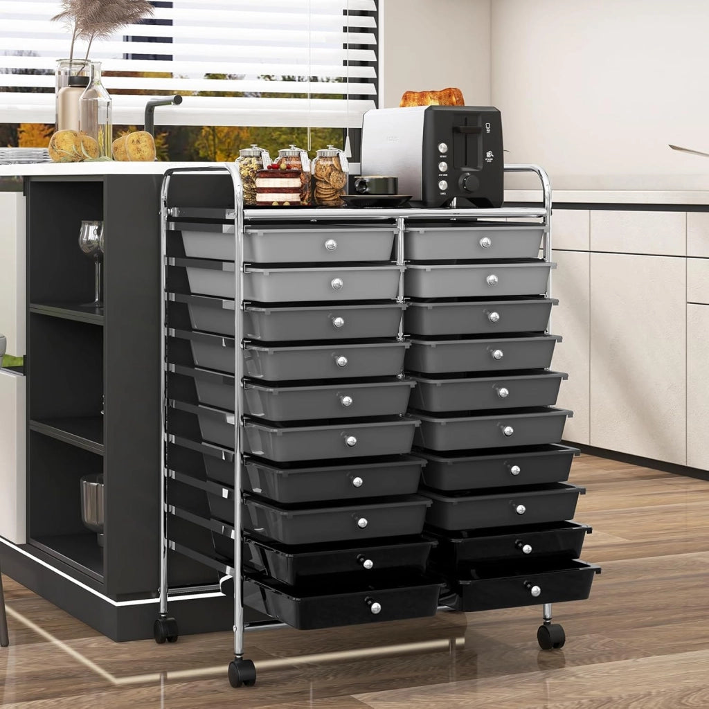 Carrello portaoggetti con ruote da 20 cassetti rimovibili, torre di stoccaggio mobile, 4 ruote con 2 freni, carrello girevole per ufficio, cucina, casa, 64 x 38 x 87 cm (nero sgrassato)