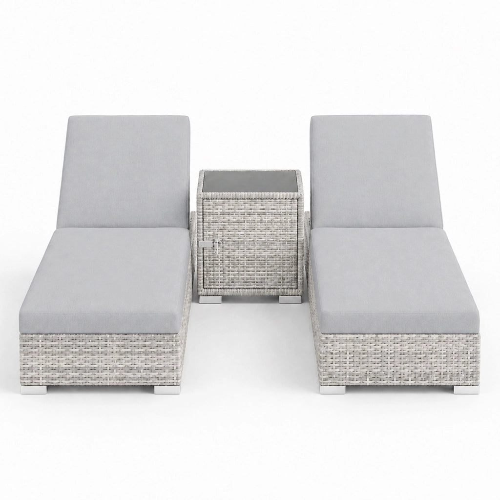 Set 2 Sdraio Prendisole in Polyrattan con Tavolino Contenitore e Cuscini Schienale Reclinabile 5 Posizioni Arredo Giardino Piscina 184x60x21 Cm Grigio Chiaro
