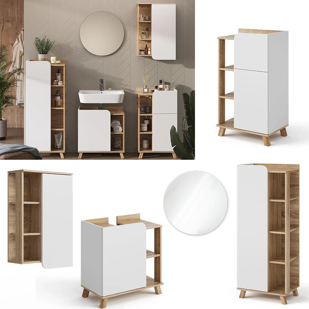 Set di mobili da bagno Karen, Sonoma/Bianco, 60 cm, composto da mobile lavabo, specchiera, armadietto, colonna e pensile