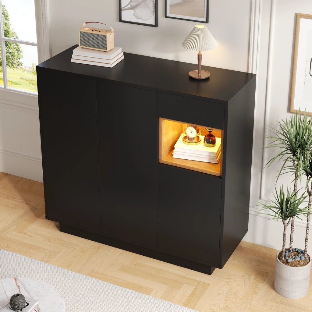 Mobile Scarpiera con 1 Cassetto; Ripiani Regolabili e LED 16 Colori; Stile Moderno; in Pannelli; Nero/Naturale; 105??39;5??100;5 cm