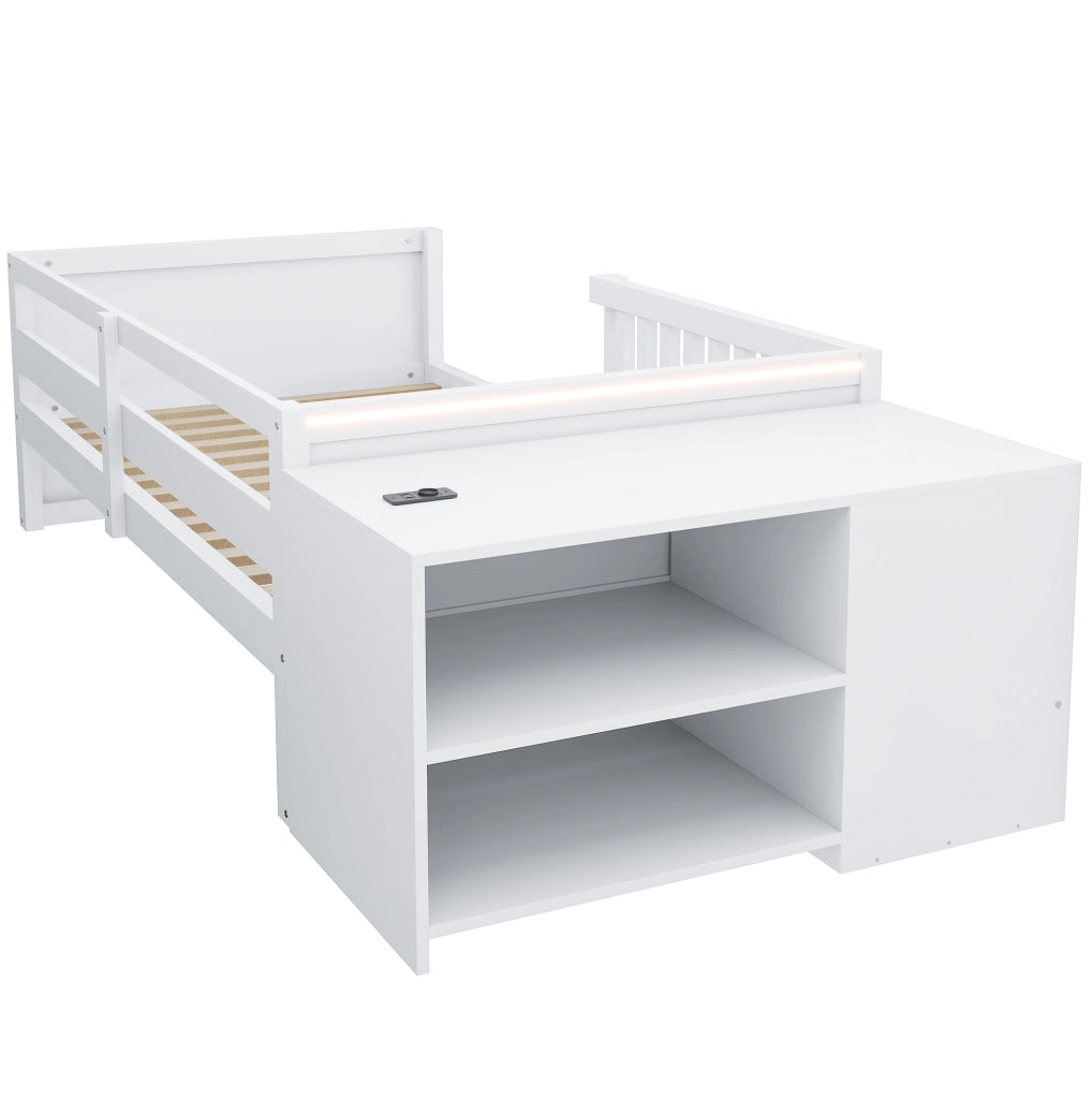 Letto a soppalco 90x200 cm con contenitore separato; LED; presa e 2 cassetti; Bianco