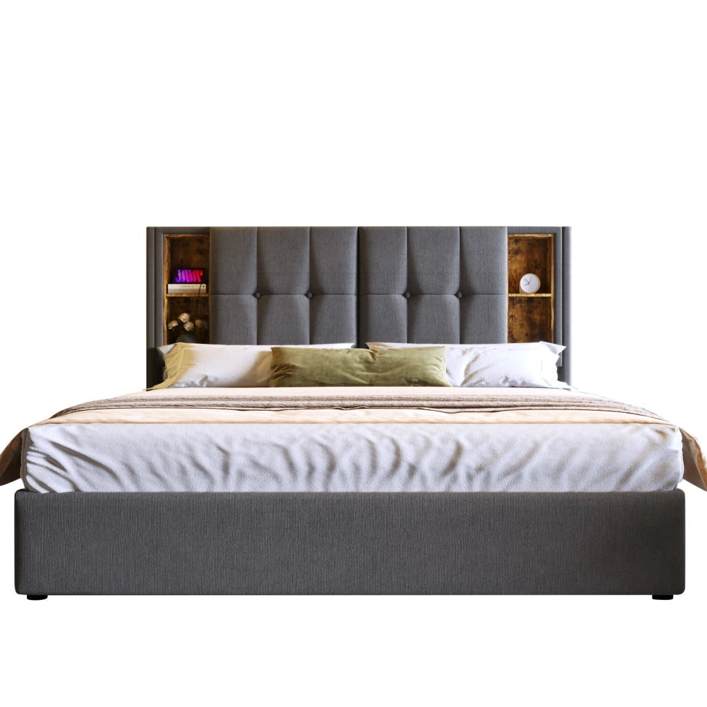 Letto matrimoniale imbottito 180x200 cm con contenitore; ricarica wireless e USB grigio