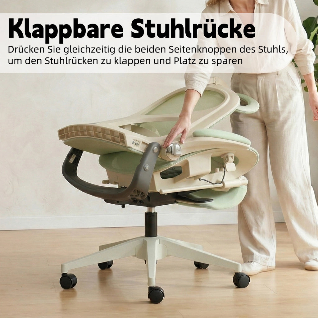 Sedia da ufficio ergonomica pieghevole con supporto lombare, poggiatesta 3D e braccioli ribaltabili in mesh verde