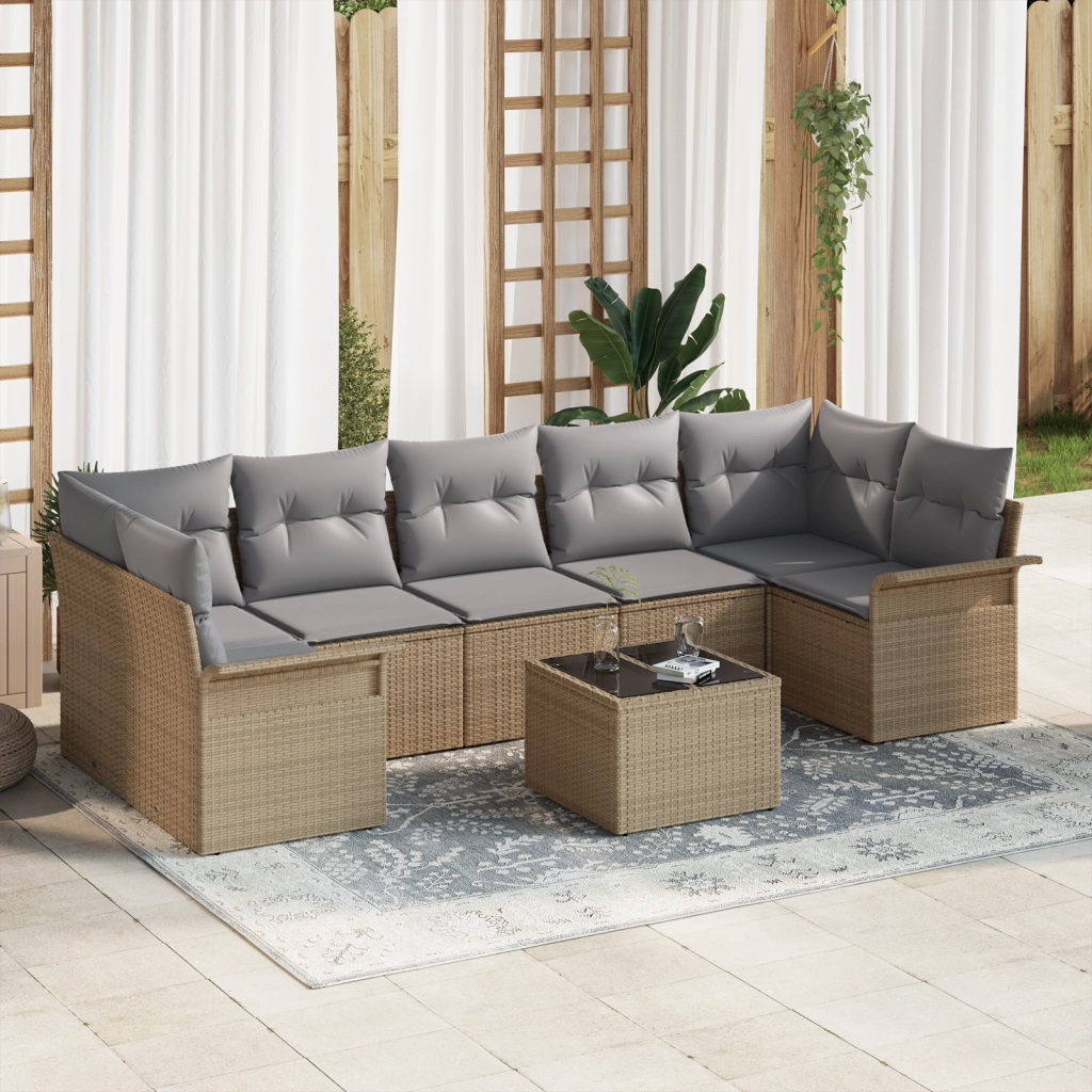 Set divano giardino 8 pezzi con cuscini beige in polyrattan