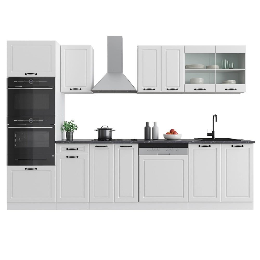Vicco Cucina componibile Casa di campagna bianca/bianco 300 cm con armadio alto, PL Marmo