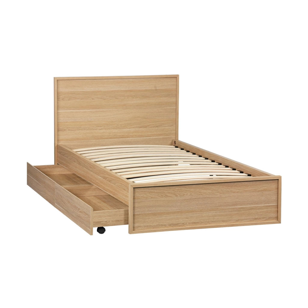 Letto con rete a doghe e testiera 90cm + 2 cassetti decorazione legno,