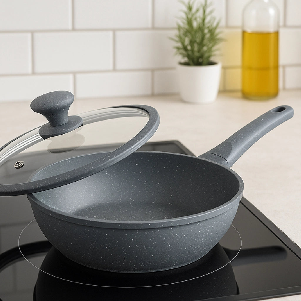 Padella Wok Antiaderente 30cm Alluminio Pietra con Coperchio Vetro Induzione Grigio
