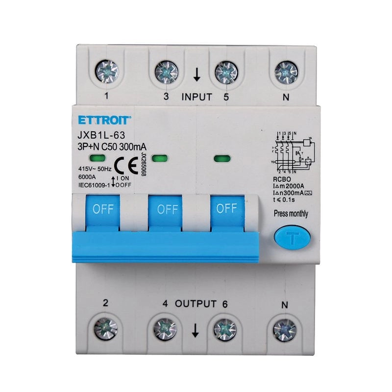 RCBO Interruttore Magnetotermico Differenziale Tipo A Curva C 3P+N 4M 6000A 300mA C50A AC 400V IP20 IEC61009-1