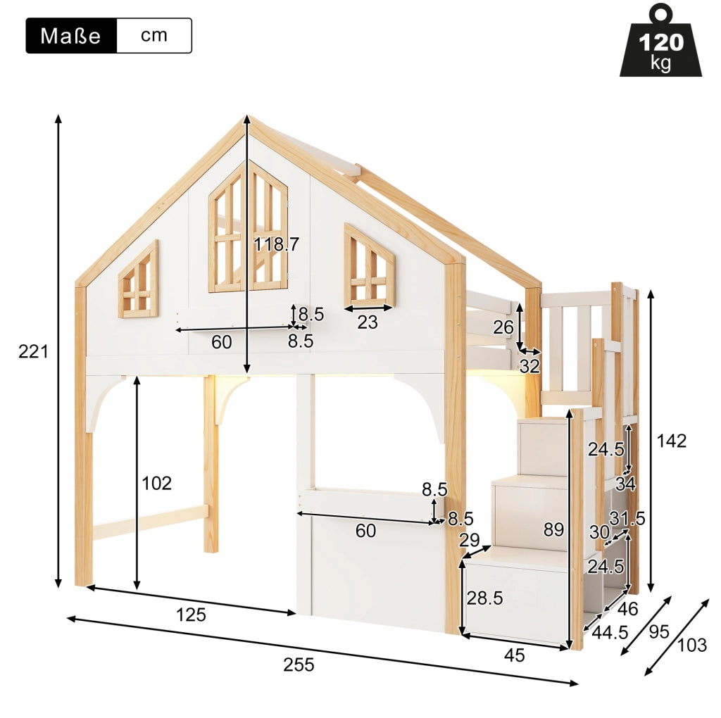 Letto a soppalco per bambini 90x200 cm in legno di pino e MDF; bianco; con LED e scala contenitore