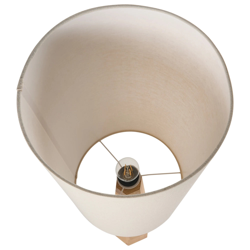 Lampada da terra moderna con paralume a tamburo in tessuto di lino e legno di gomma naturale
