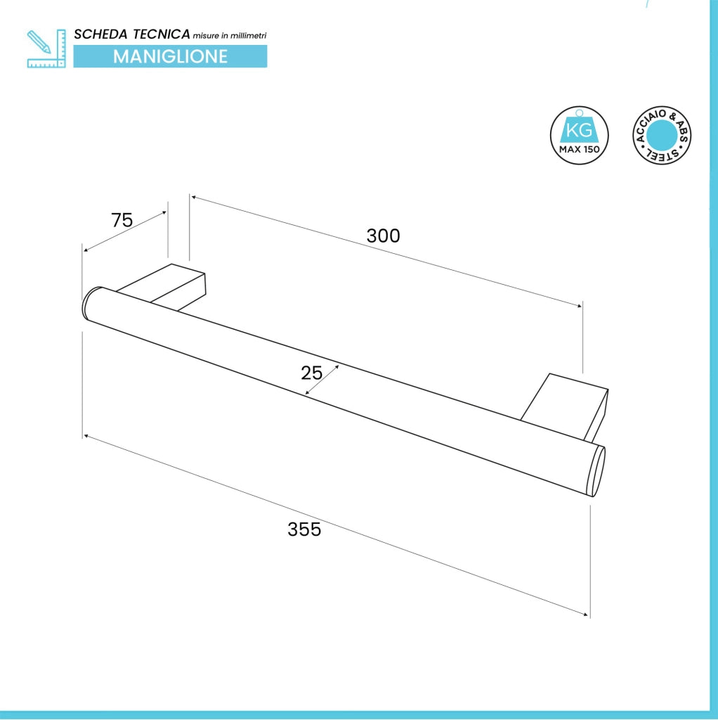 Maniglione di sicurezza per disabili 35,5 cm cromo in acciaio inox max 150kg