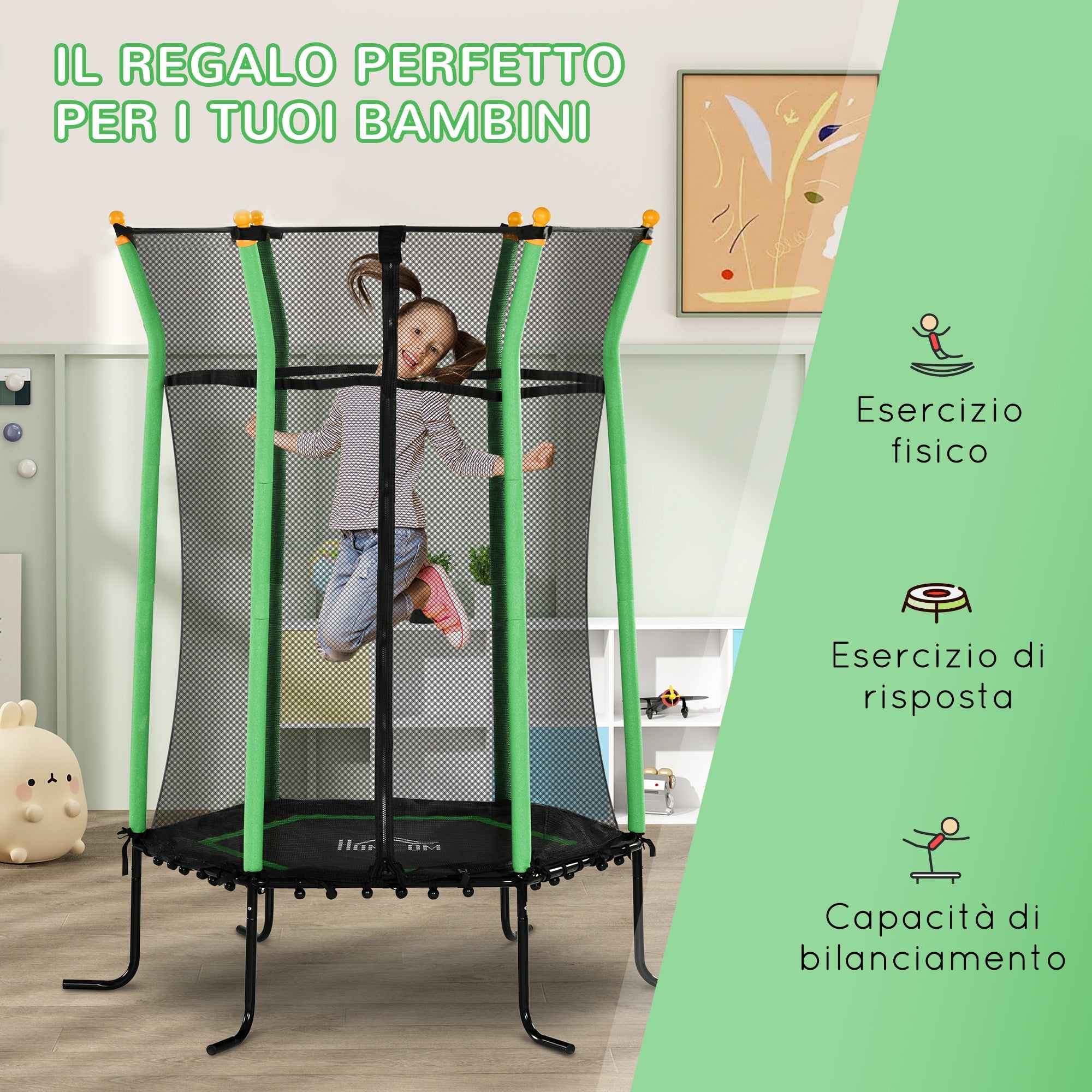 Tappeto Elastico per Bambini 3-10 Anni Ø163.5x190 cm con Ingresso a Cerniera Verde