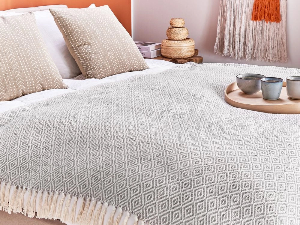 Coperta plaid con frange cotone taupe fatta a mano 125 x 150 cm stile boho camera da letto soggiorno