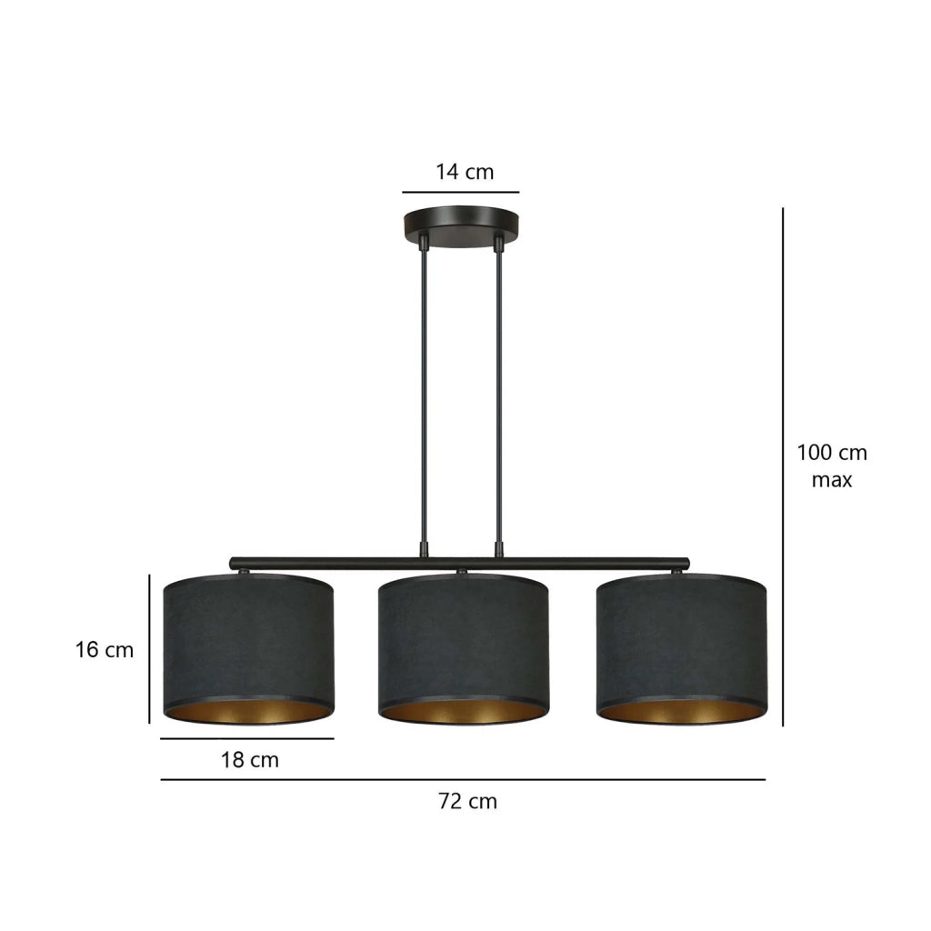 Lampadario 3 Luci Ganesha In Acciaio Nero E Paralumi In Tessuto Nero