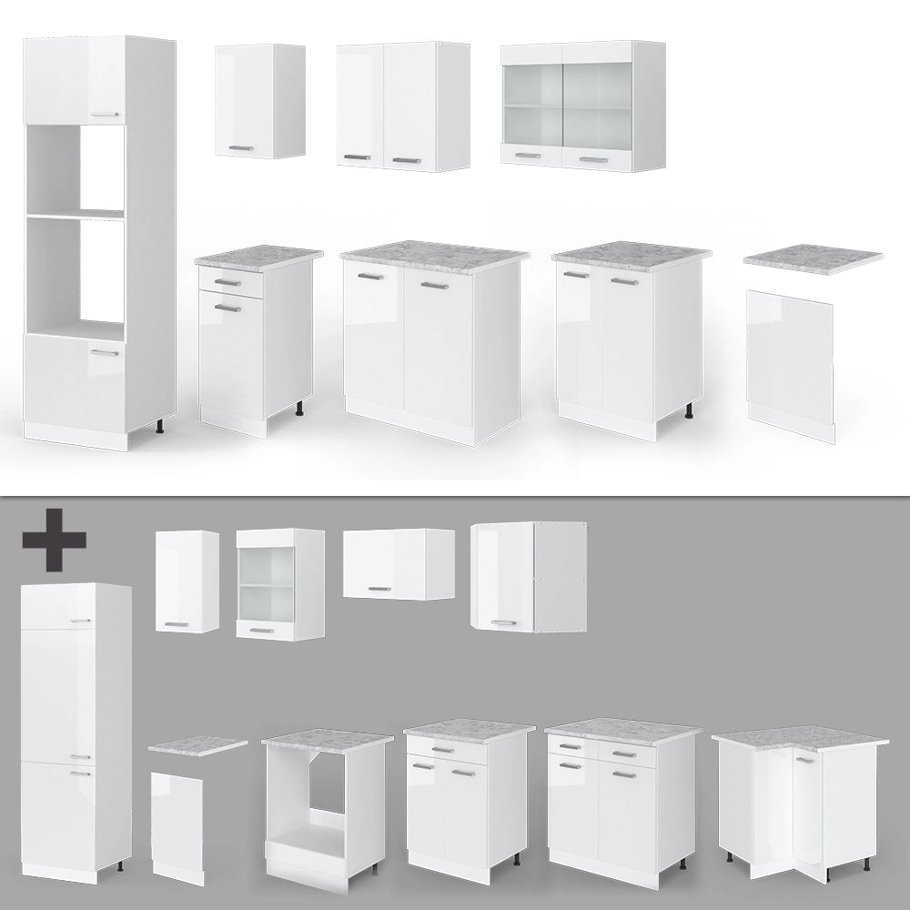 Vicco Cucina componibile Bianco 300 cm con armadio alto, PL Marmo