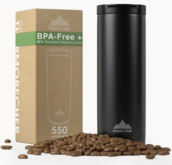 Bicchiere termico 550 ml – Acciaio inossidabile 316 – Bicchiere di caffè impermeabile con coperchio, maniglione e beccuccio – Isolamento a doppia parete a vuoto – Nero opaco