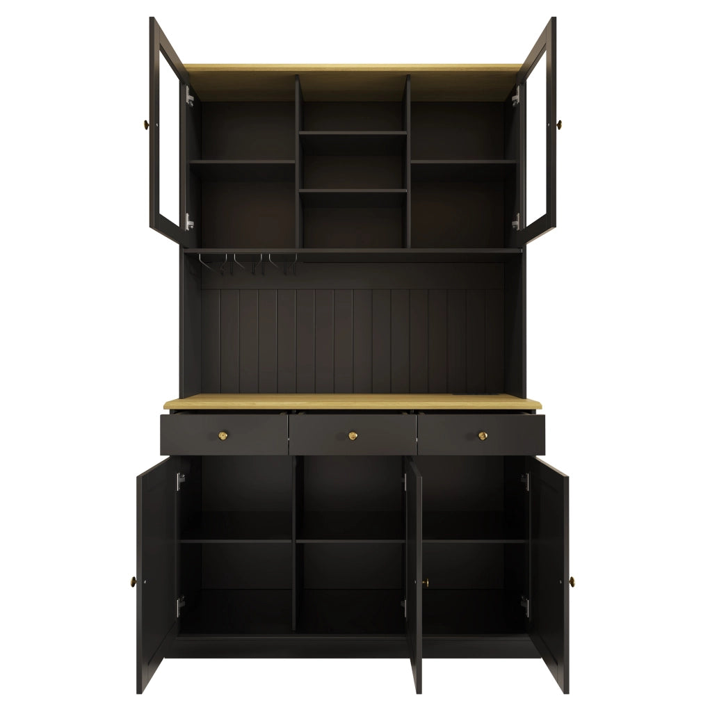 Mobile alto da cucina con vetrine, portabicchieri e prese integrate nero