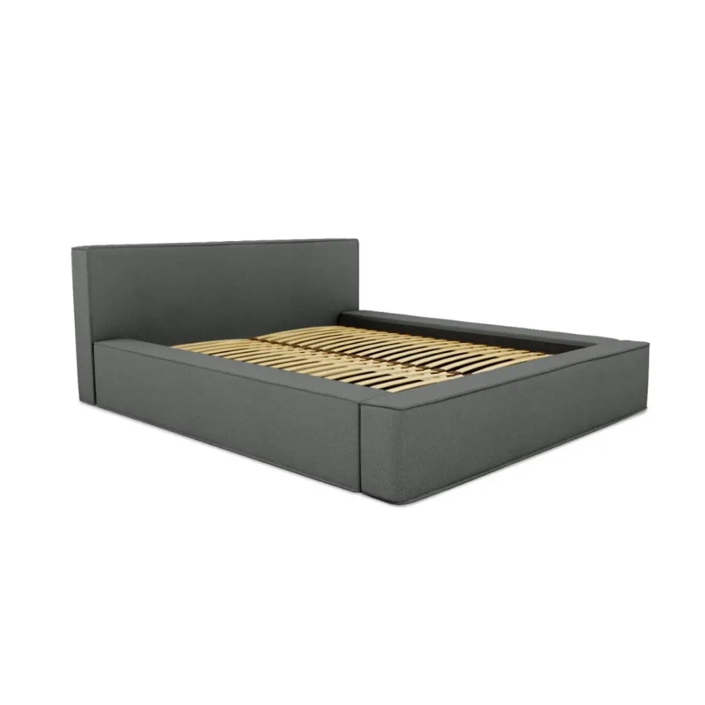 Letto contenitore VELORA – Ardesia bouclé – 180x200 cm – Tessuto velluto morbido – Rete sollevabile – Contenitore integrato