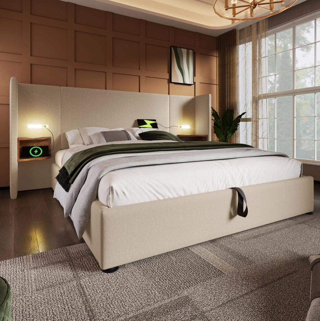 Letto matrimoniale 180x200 cm con testiera multifunzione; luce di lettura; USB e Type-C; beige