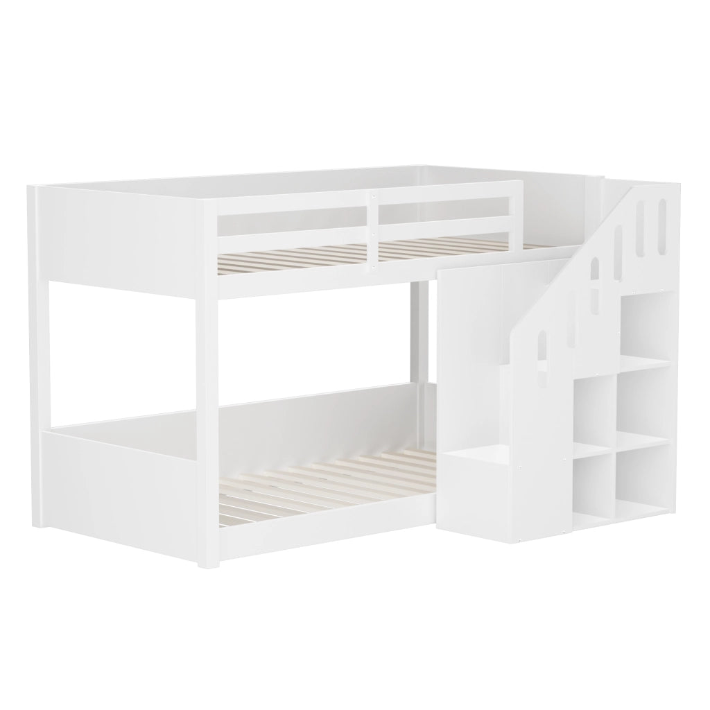 Letto a castello multifunzionale con scala contenitore e sponde, 90x200 cm, bianco, senza materasso