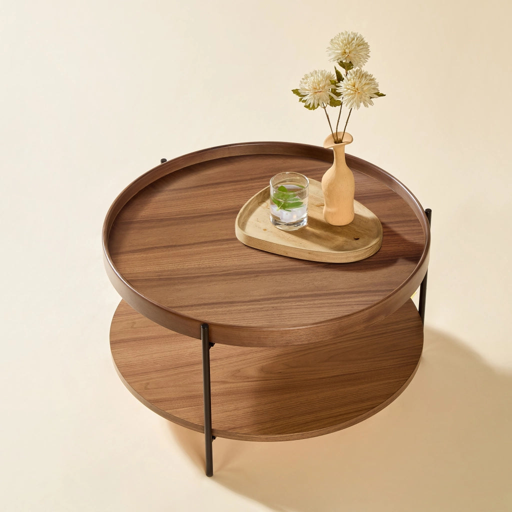 Tavolino basso con piano a due livelli e gambe in metallo, in legno massello e MDF, noce, per soggiorno, 44 × 44 × 48 cm